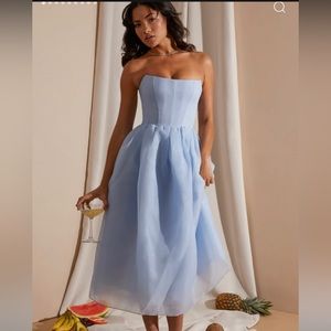Oh Polly strapless light blue midi dress
